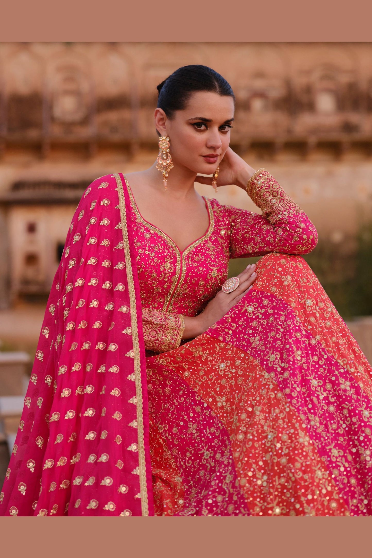 Pink Redish Georgette Floor Full Length Anarkali Gown For  Festivals &  Weddings - Embroidery Work
