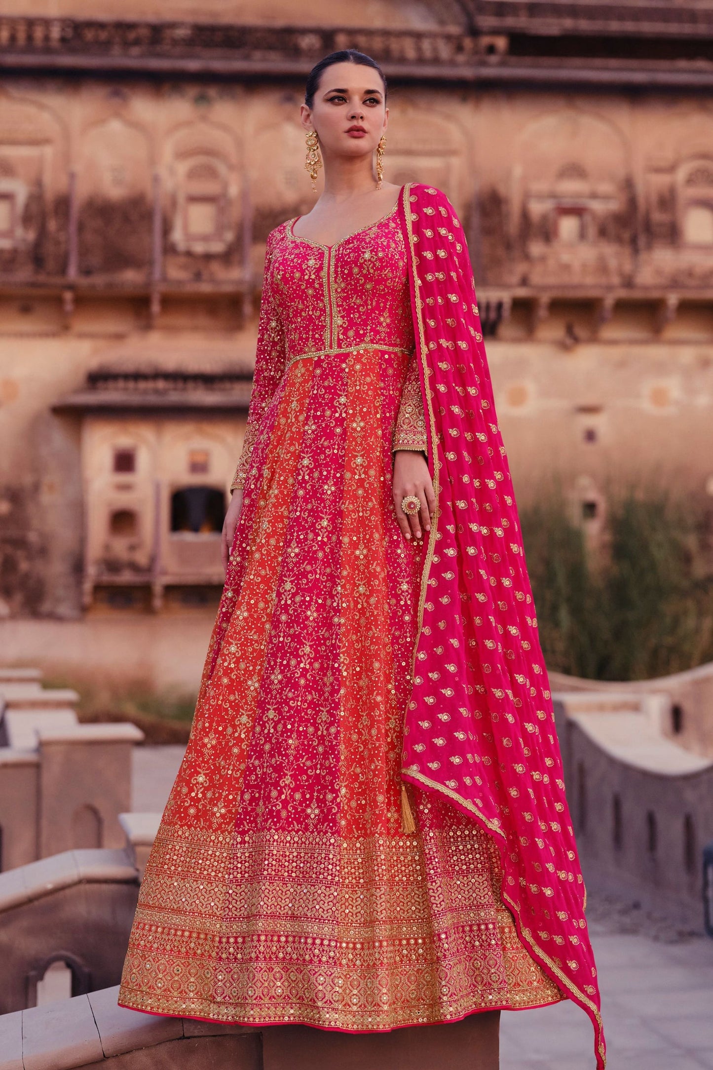 Pink Redish Georgette Floor Full Length Anarkali Gown For  Festivals &  Weddings - Embroidery Work