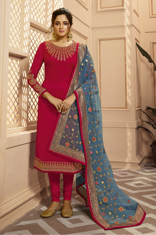 Pink Satin Georgette salwar suit - Embroidery Work