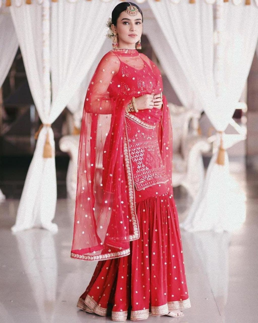 Aromatic Red Georgette Embroidery Work Sharara Suit With Dupatta