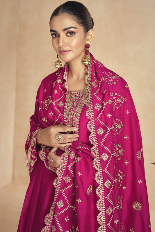 Red Chinon Silk Floor Full Length Anarkali Gown For  Festivals & Weddings - Embroidery Work