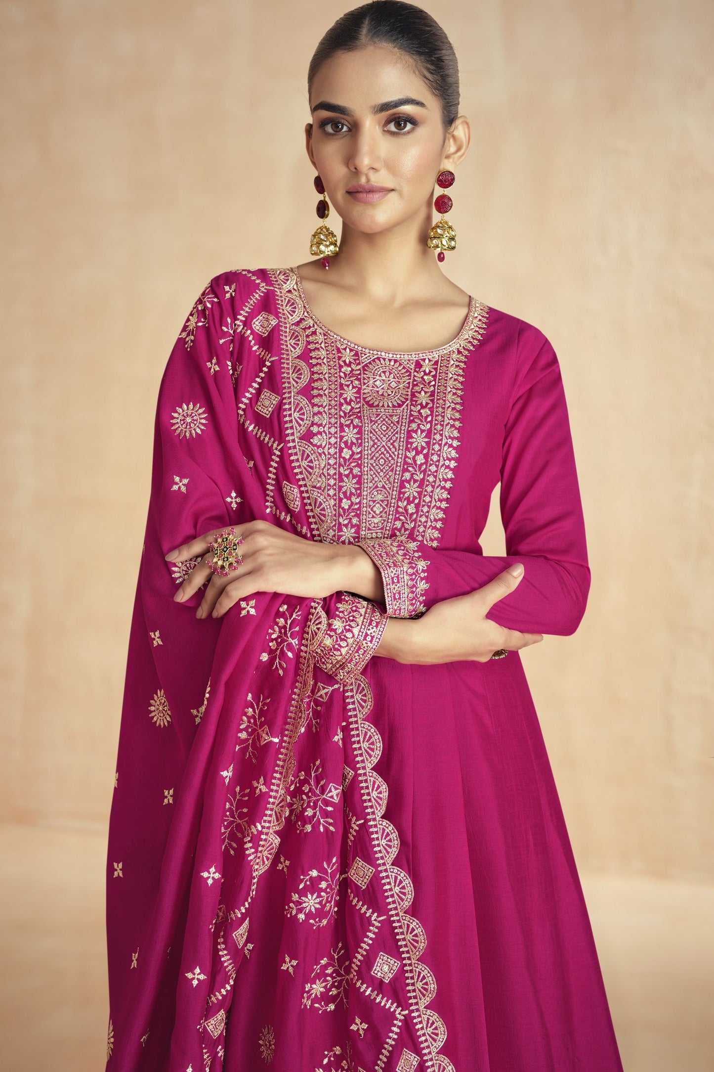 Red Chinon Silk Floor Full Length Anarkali Gown For  Festivals & Weddings - Embroidery Work