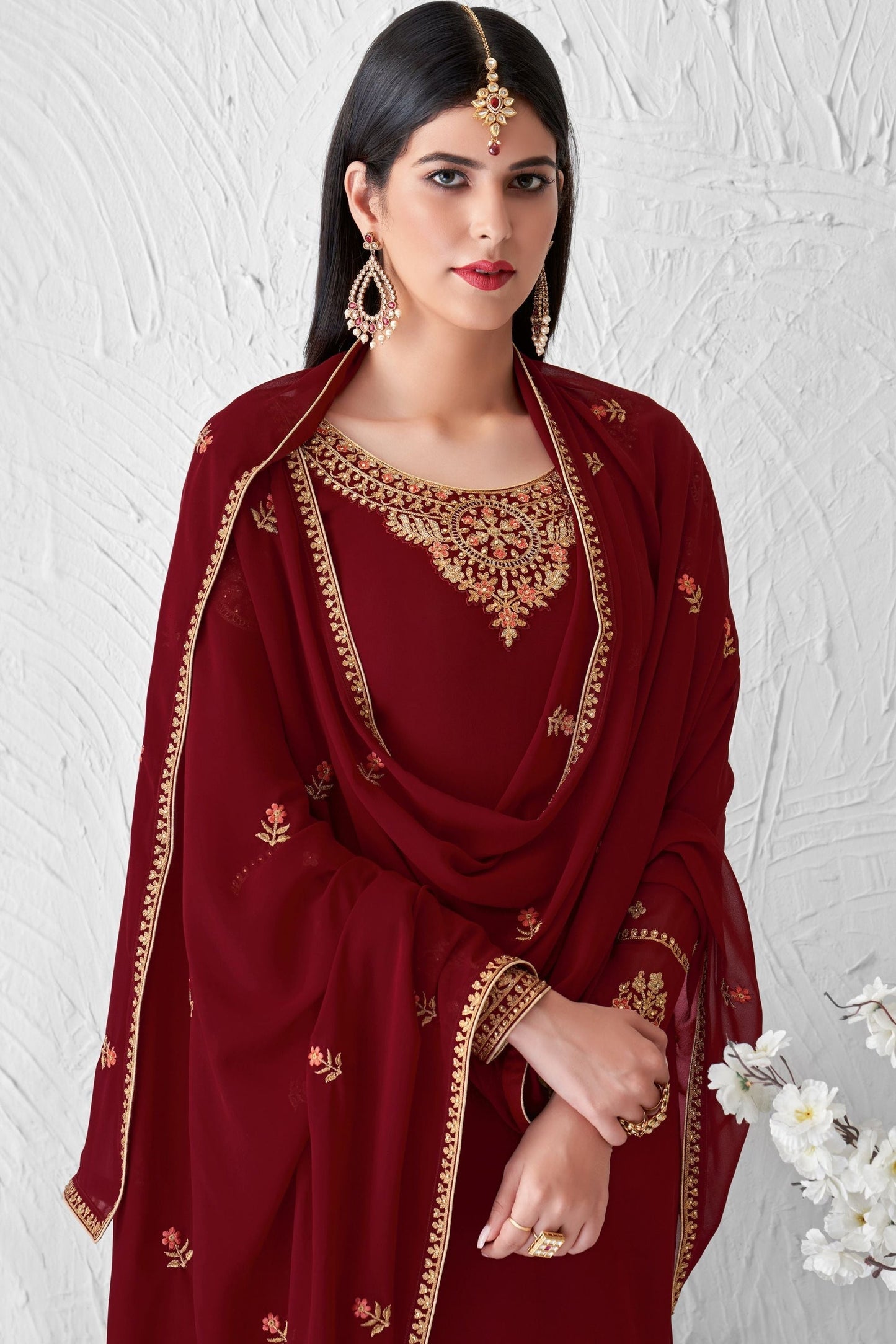 Pink Georgette  Plazo Suit For Wedding & Festival - Embroidery Work