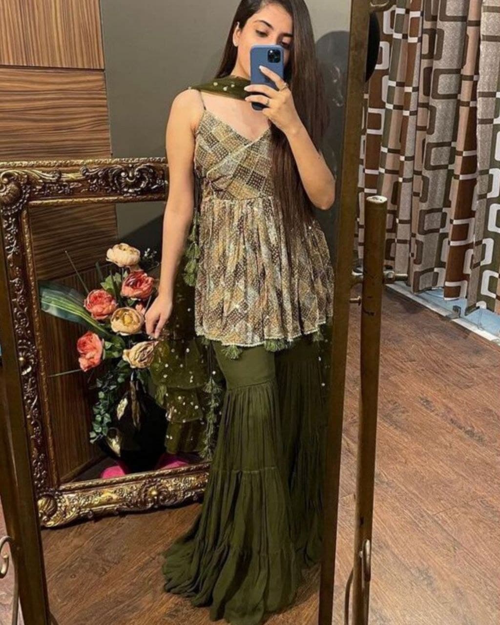 Aromatic Pickle Green Multi Georgette Silk Digital Print Sharara Suit With Dupatta