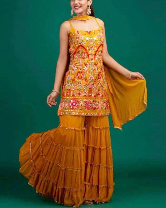 Aromatic Mustard Yellow & Ruby Red Punjabi Sharara Suit With Dupatta