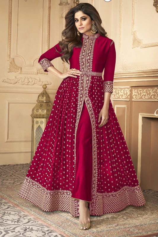 Pink Anarkali Gown Georgette Wedding Festival Partywear - Thread Embroidery Work