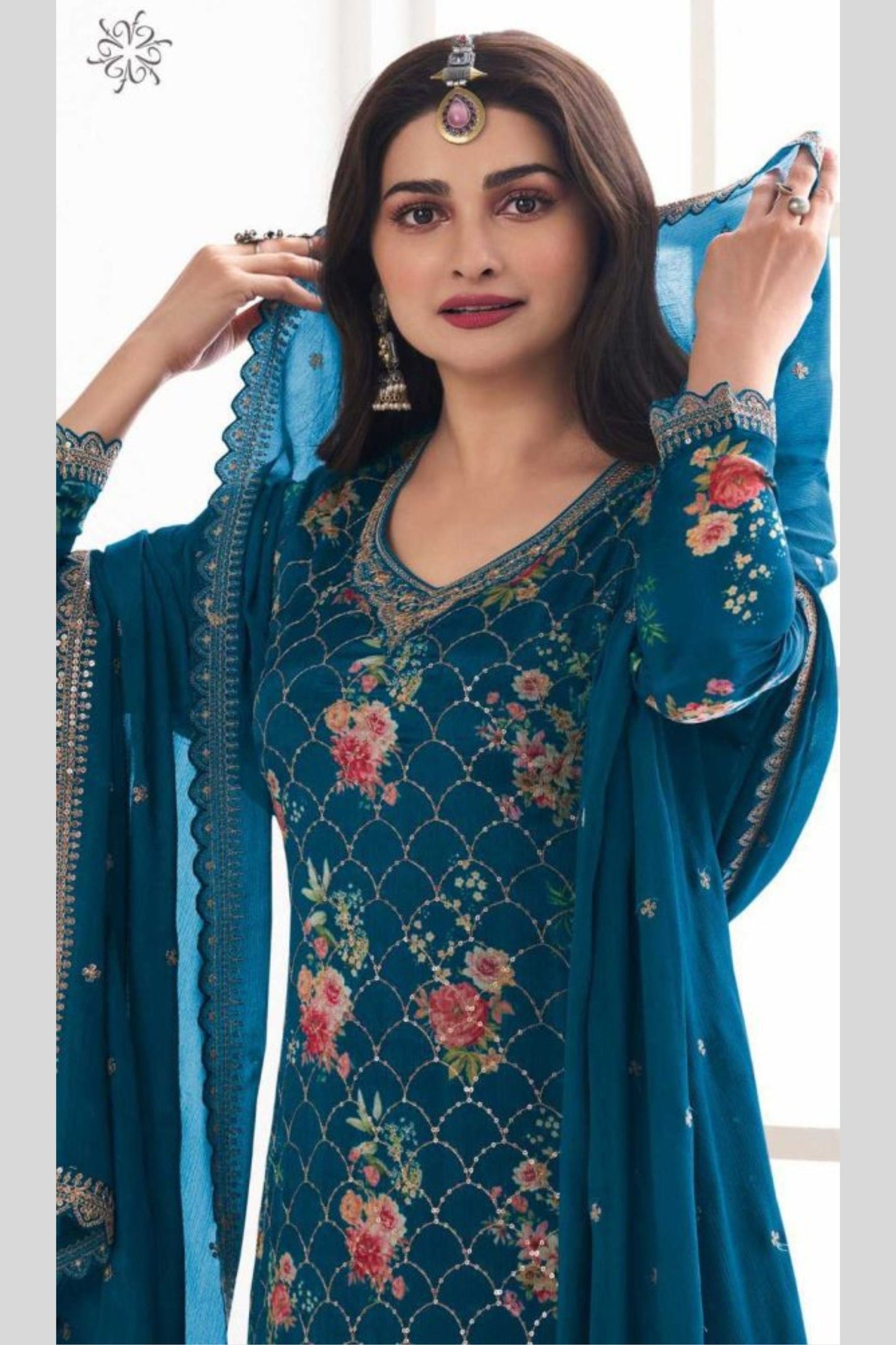 Teal Blue Chinon Silk Plus Size Floral Plazo Suit For  Festivals &  Weddings Dress - Embroidery Work, Print Work