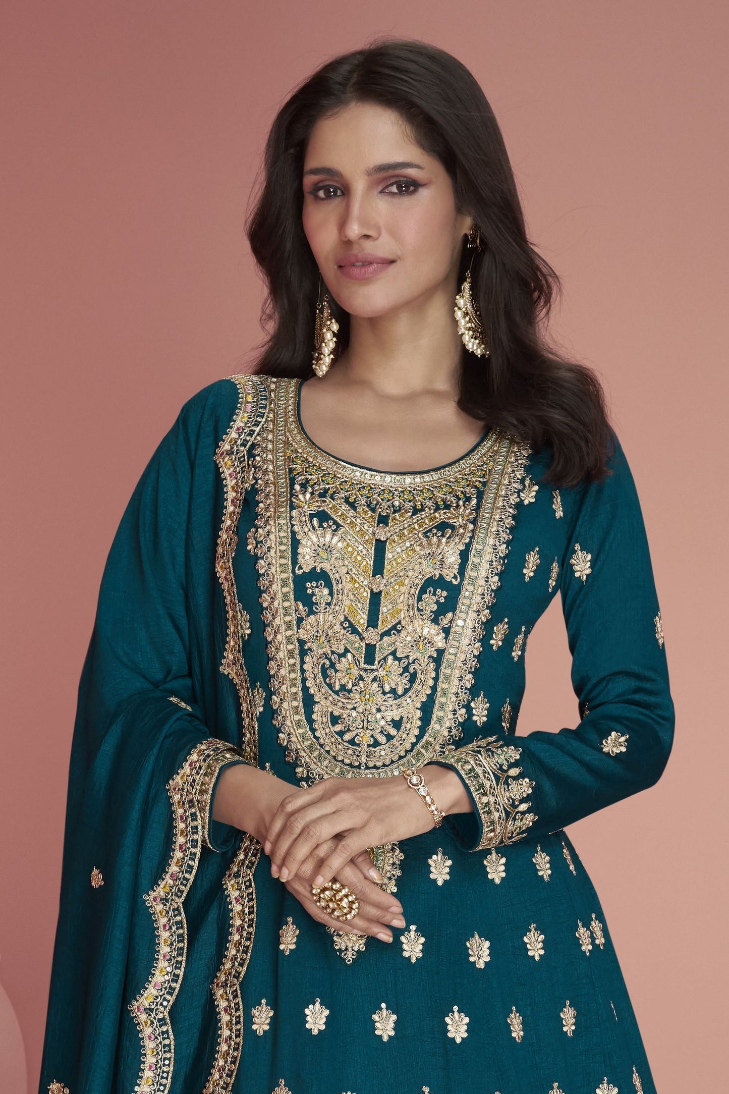 Teal Silk Plazzo Suit For  Festivals & Weddings - Thread Embroidery Work
