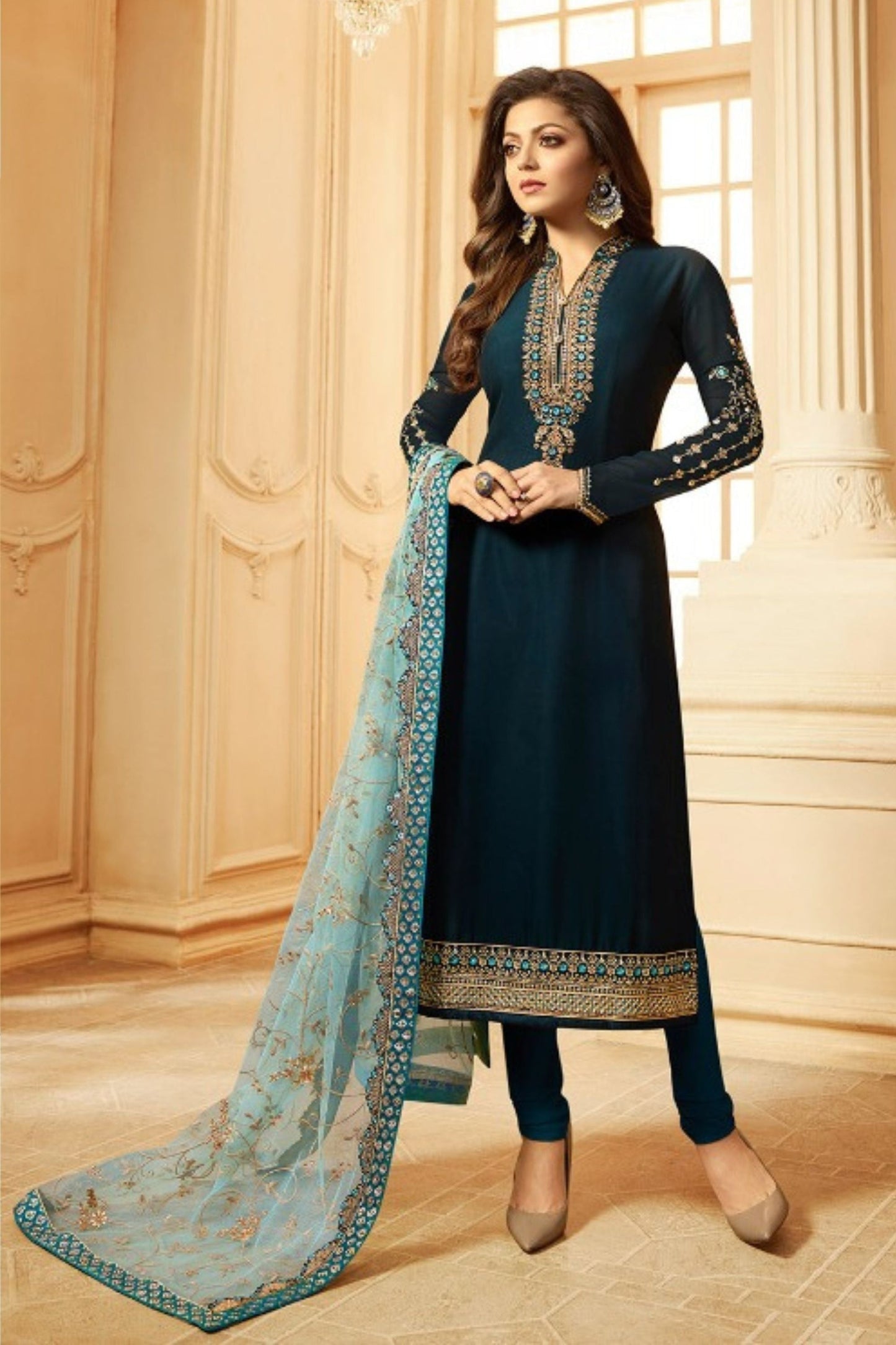 Teal Georgette salwar suit - Embroidery Work