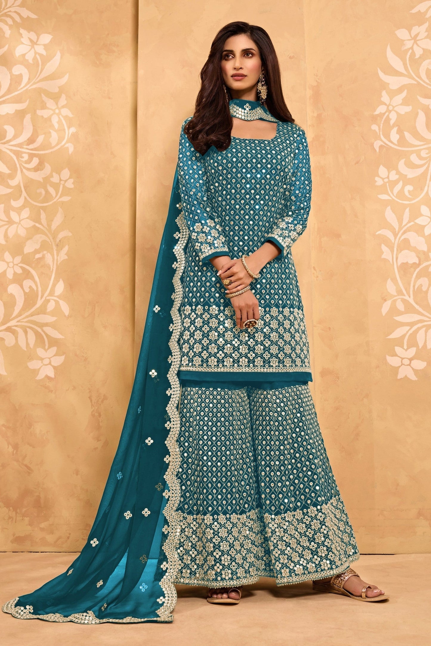 Teal Georgette Sharara suit - Sequence Embroidery Work, Zari Work