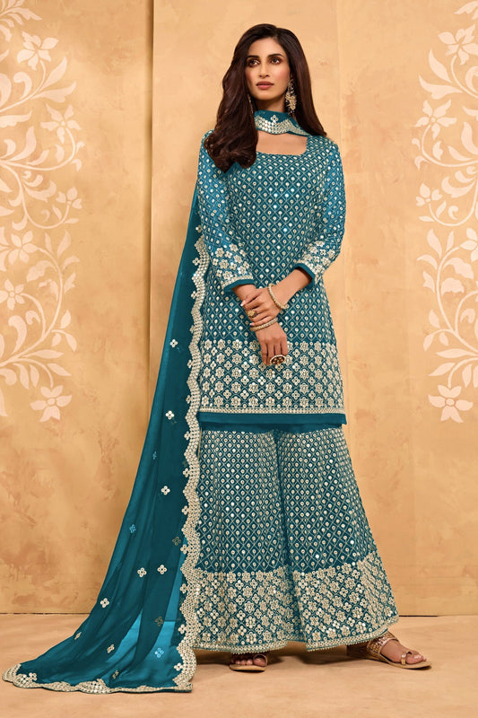 Teal Georgette Sharara suit - Sequence Embroidery Work, Zari Work
