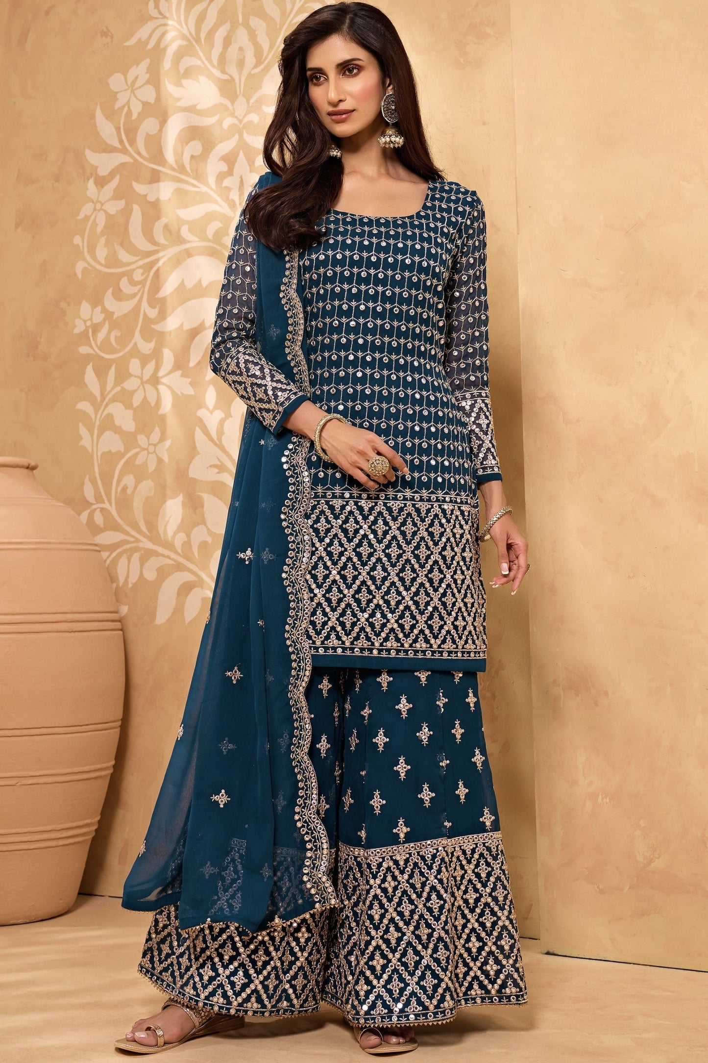 Teal Georgette Sharara suit - Sequence Embroidery Work, Zari Work