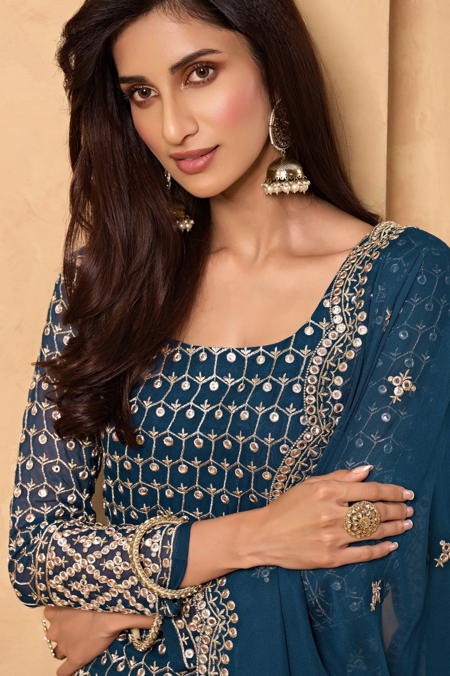 Teal Georgette Sharara suit - Sequence Embroidery Work, Zari Work
