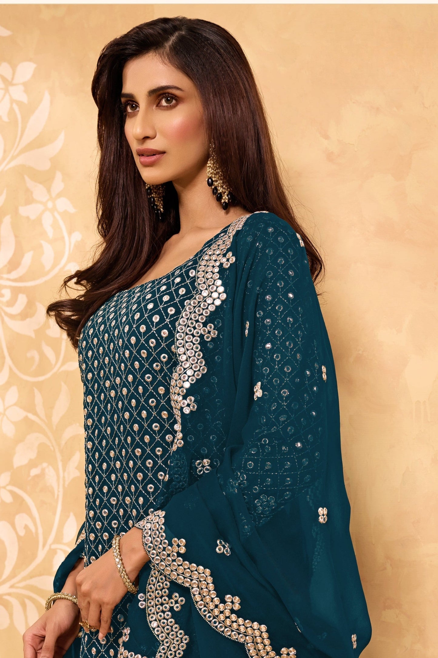 Teal Georgette Sharara suit - Sequence Embroidery Work, Zari Work