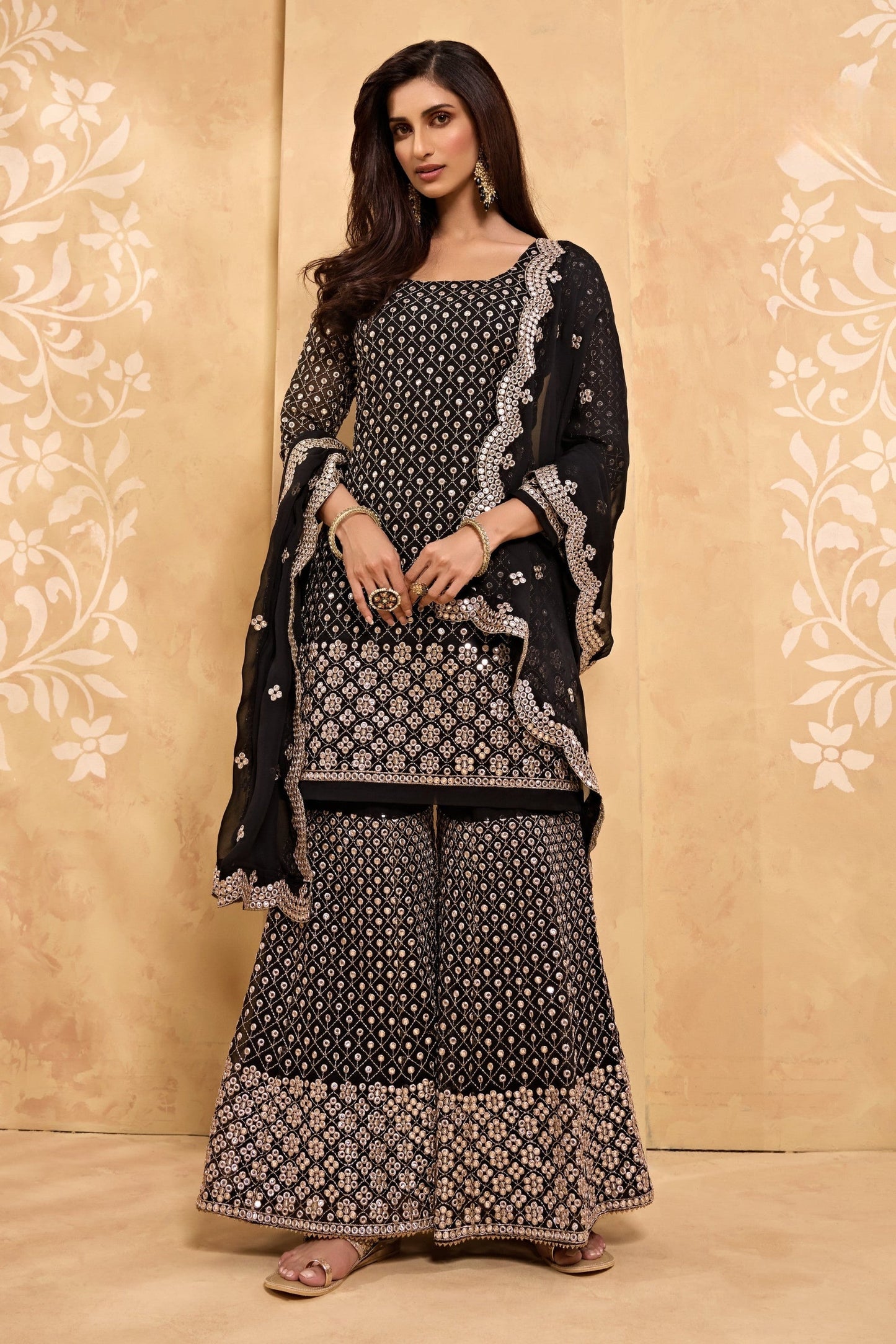 Teal Georgette Sharara suit - Sequence Embroidery Work, Zari Work