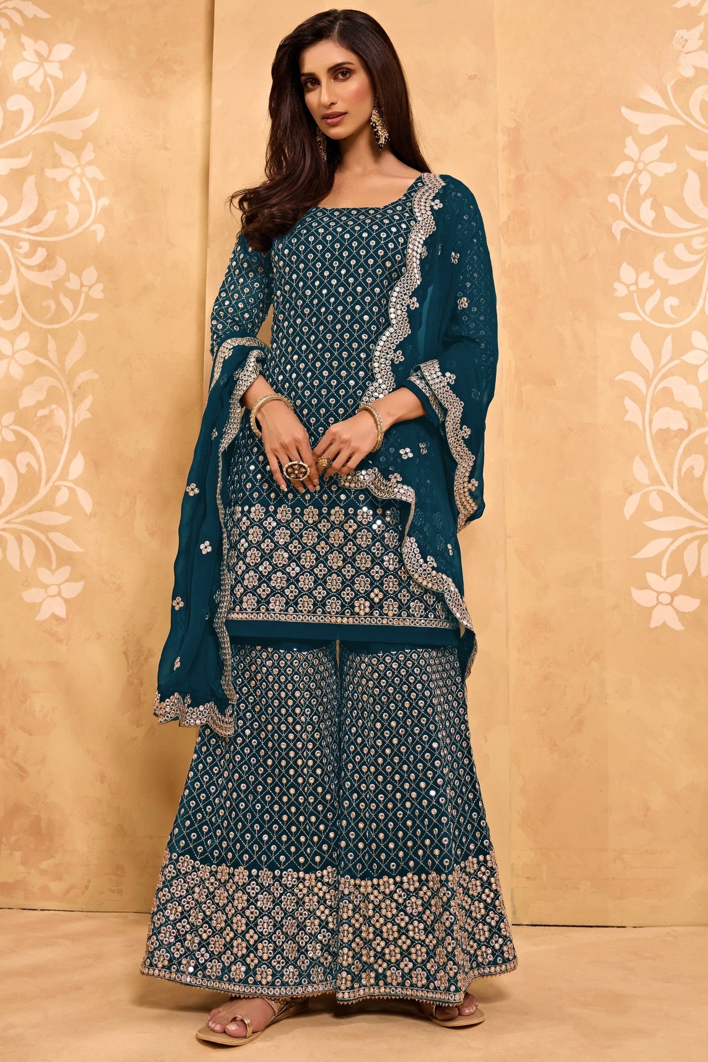 Teal Georgette Sharara suit - Sequence Embroidery Work, Zari Work