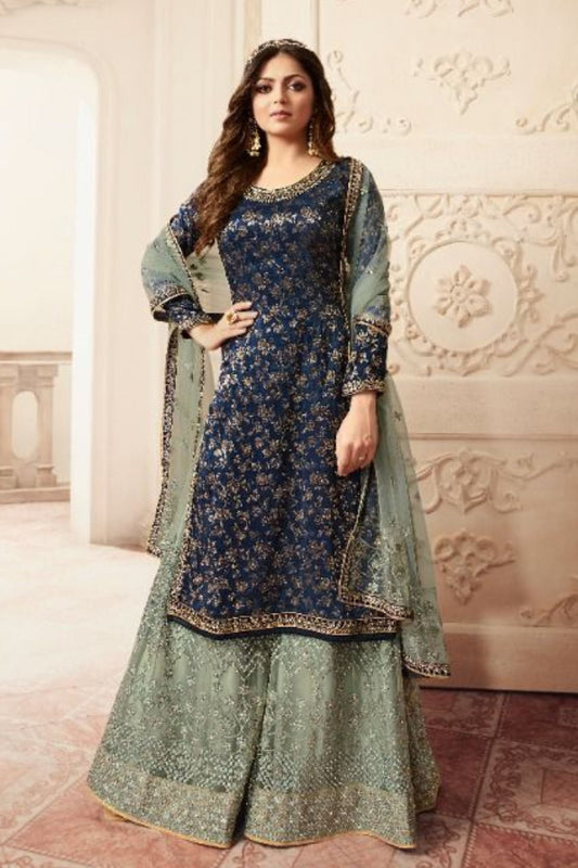 Royal Blue Satin Georgette Plazo For Wedding & Festival - Embroidery Work