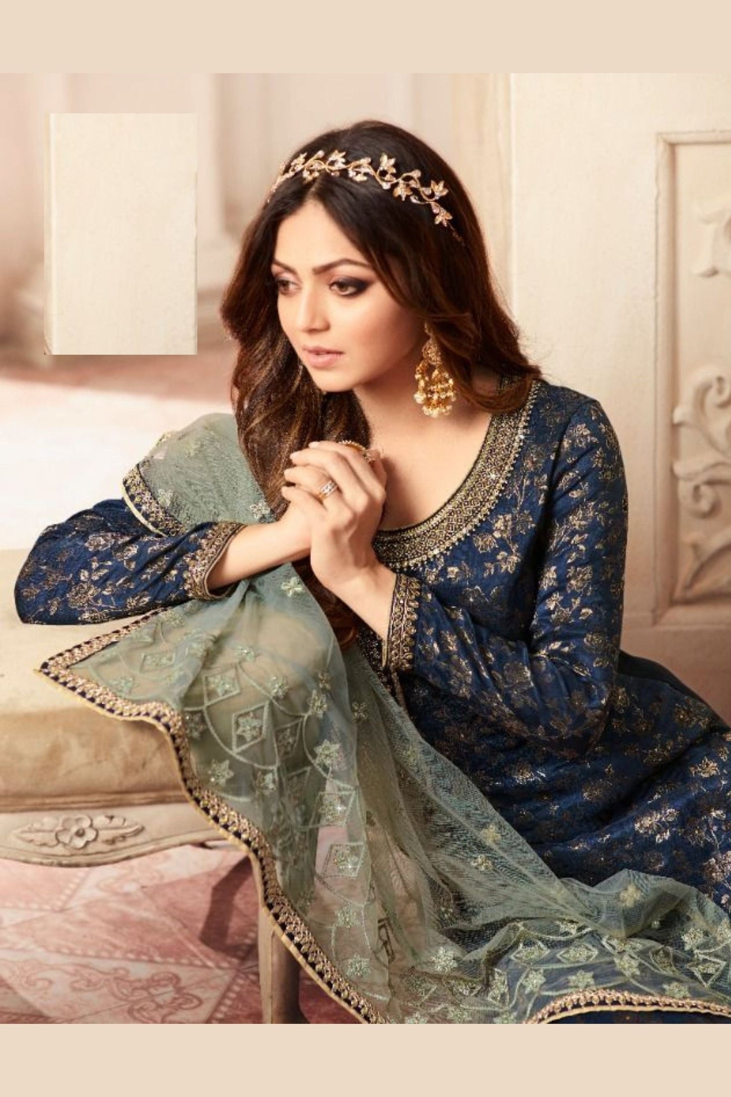 Royal Blue Satin Georgette Plazo For Wedding & Festival - Embroidery Work