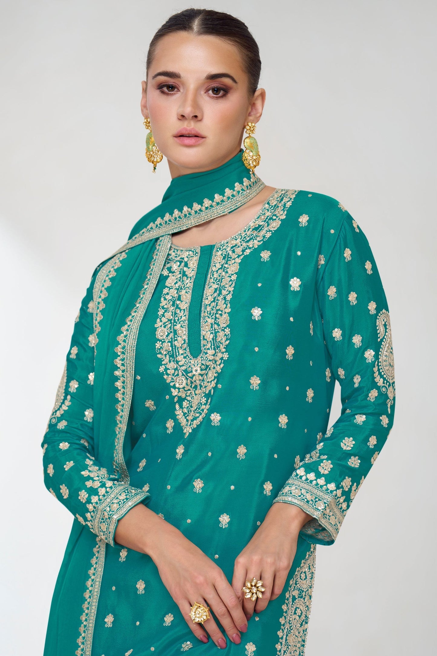Turquoise Chinon Silk Sharara With Kameez - Embroidery Work