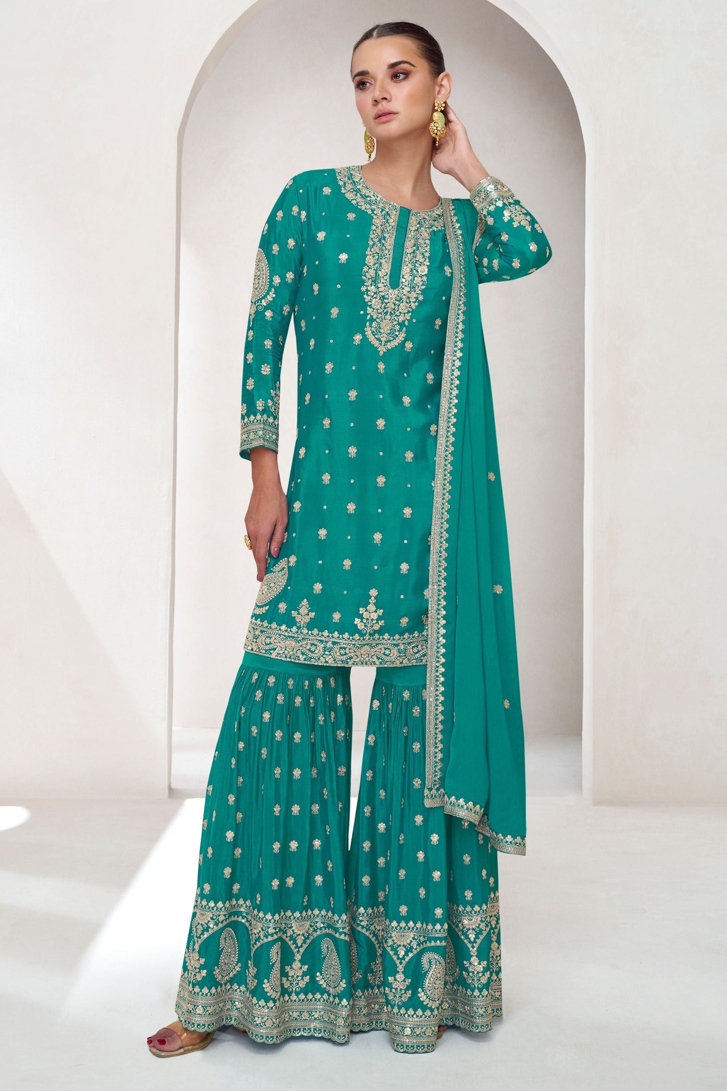 Turquoise Chinon Silk Sharara With Kameez - Embroidery Work