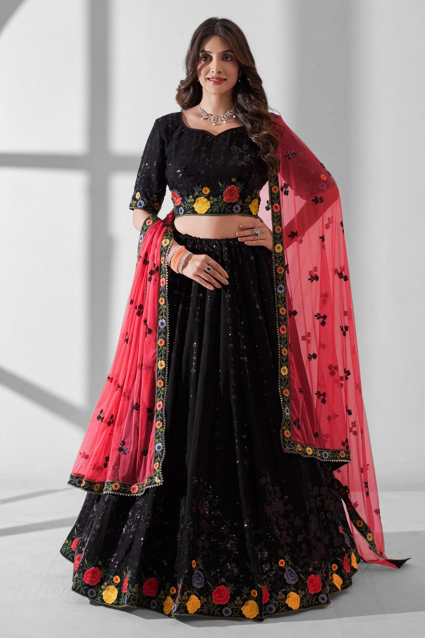 Black Georgette Flower Embroidered Lehenga Choli For Festivals & Weddings - Sequence Embroidery Work, Thread Embroidery Work