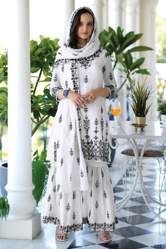 White Mal Mal Sharara Suit - Embroidery Work