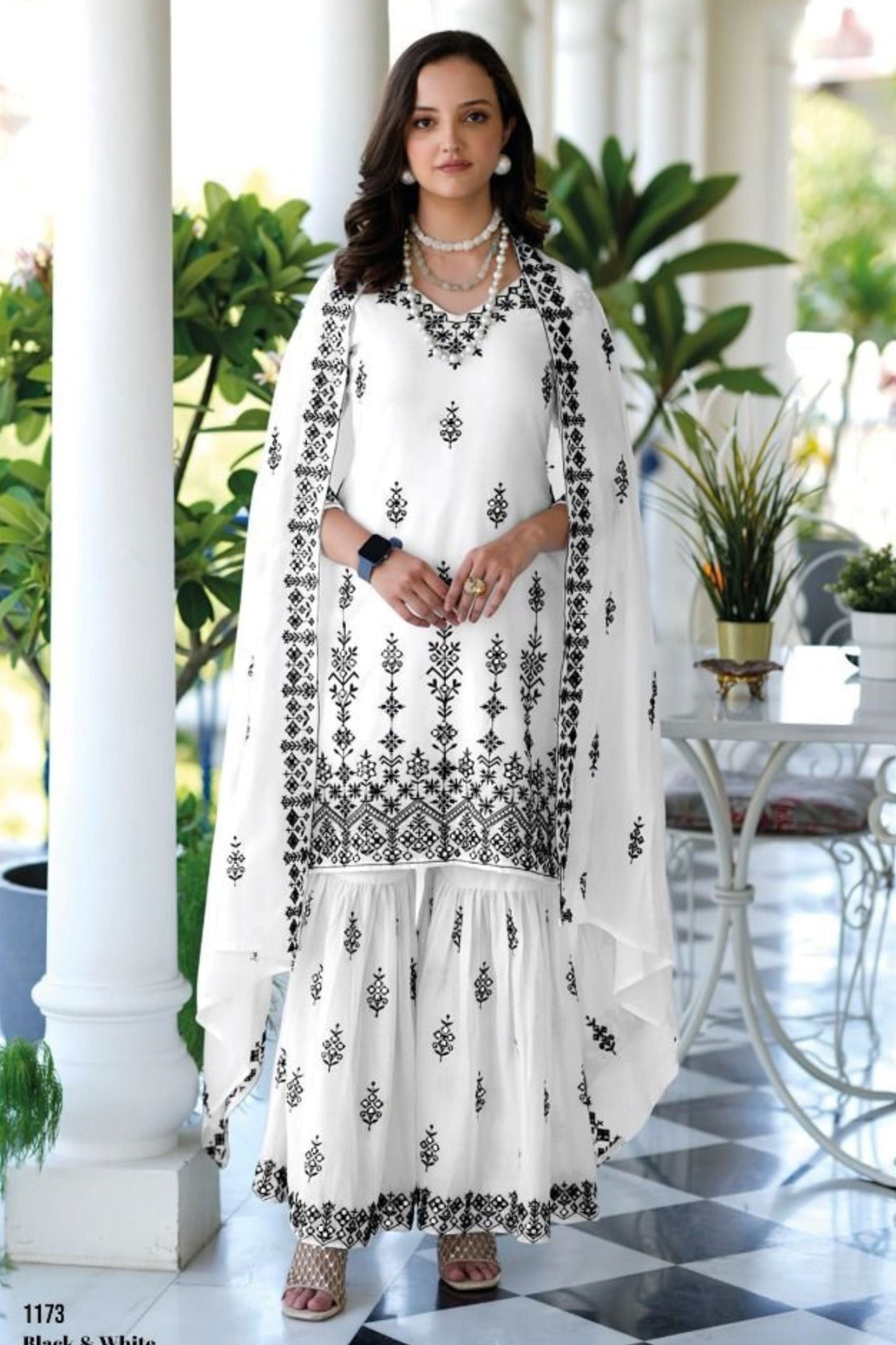 White Mal Mal Sharara Suit - Embroidery Work