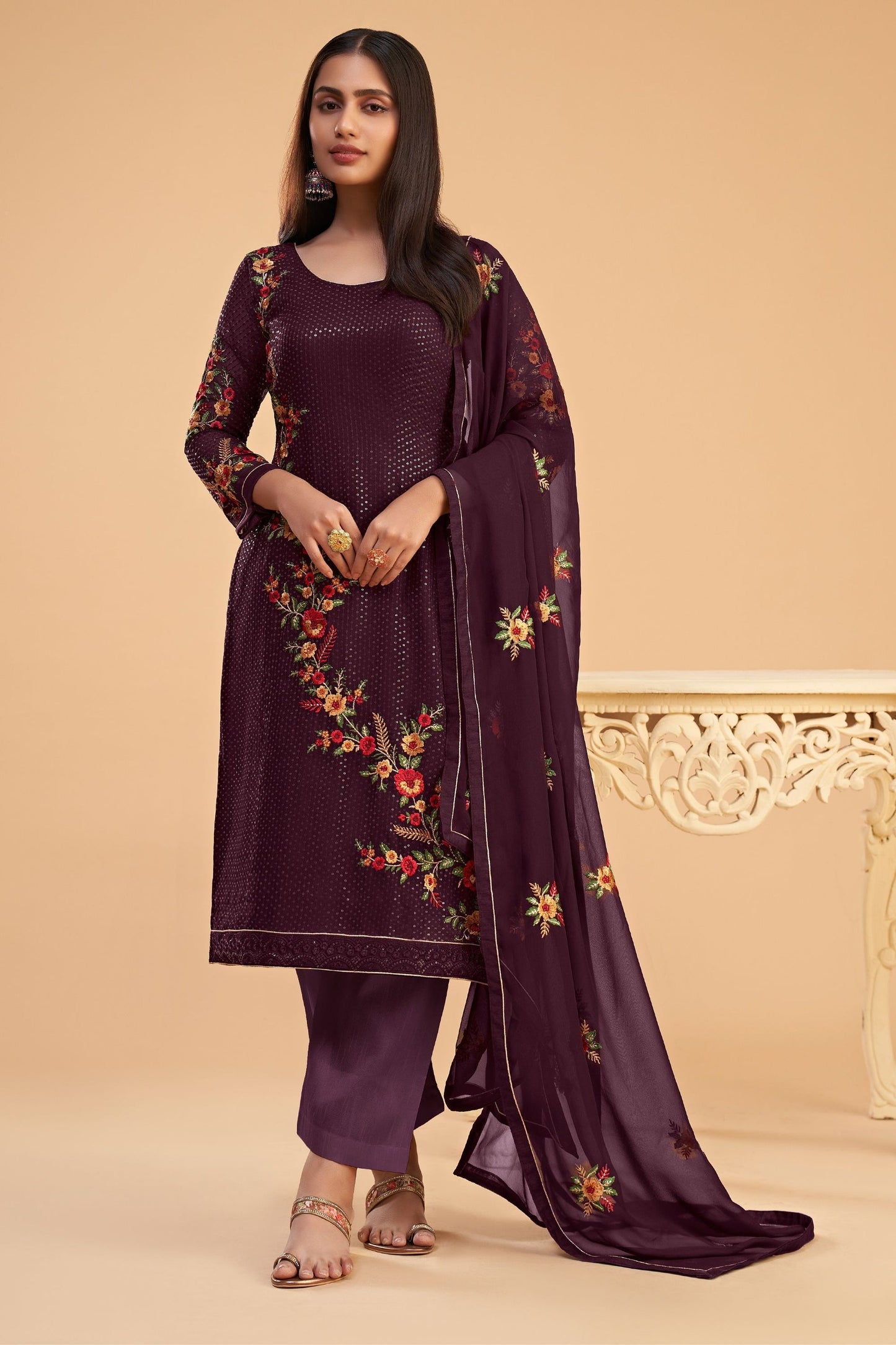 Wine Georgette Salwar suit - Sequence Embroidery Work, Thread Embroidery Work, Zari Work