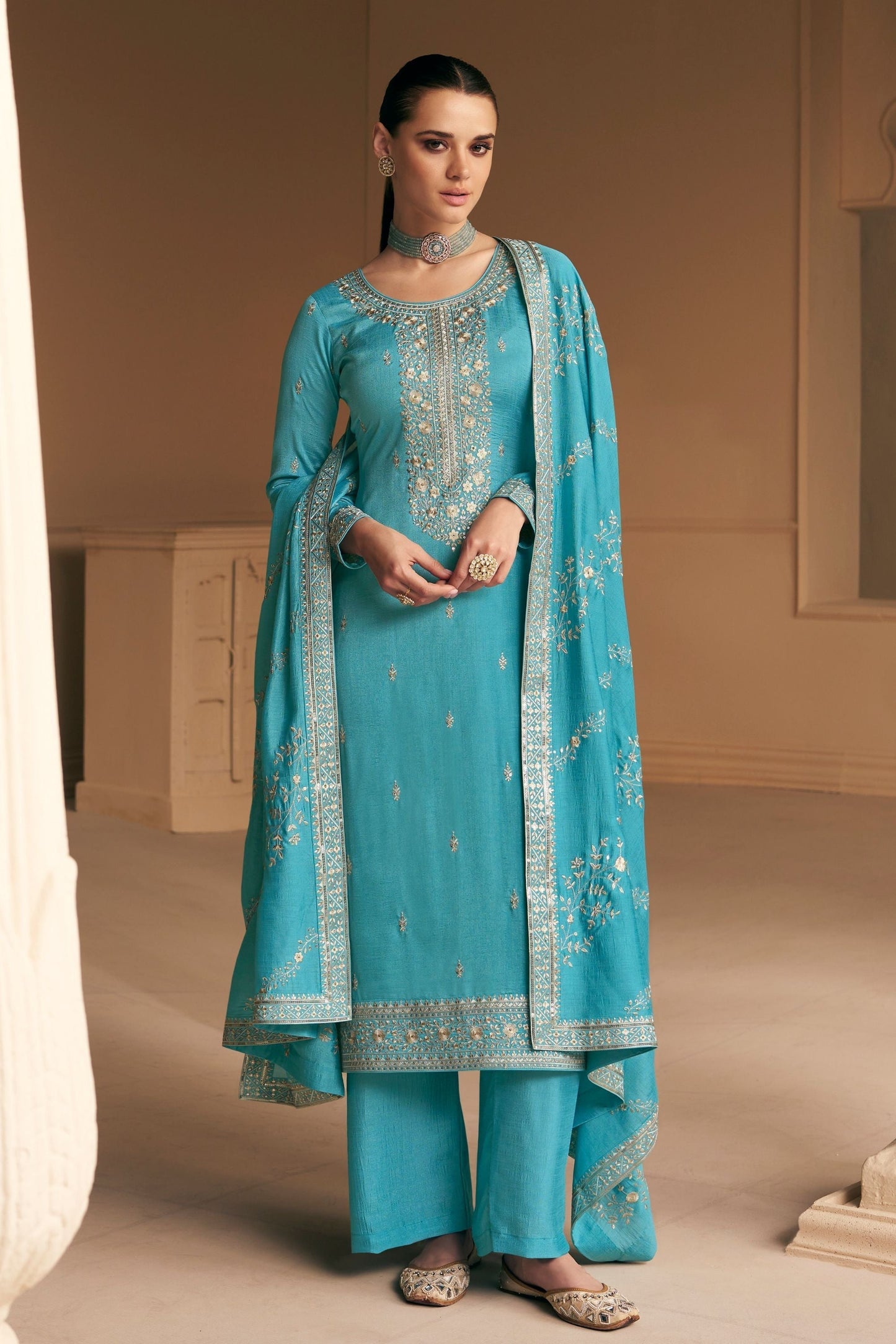 Cyan Chinon Silk salwar suit - Thread Embroidery Work