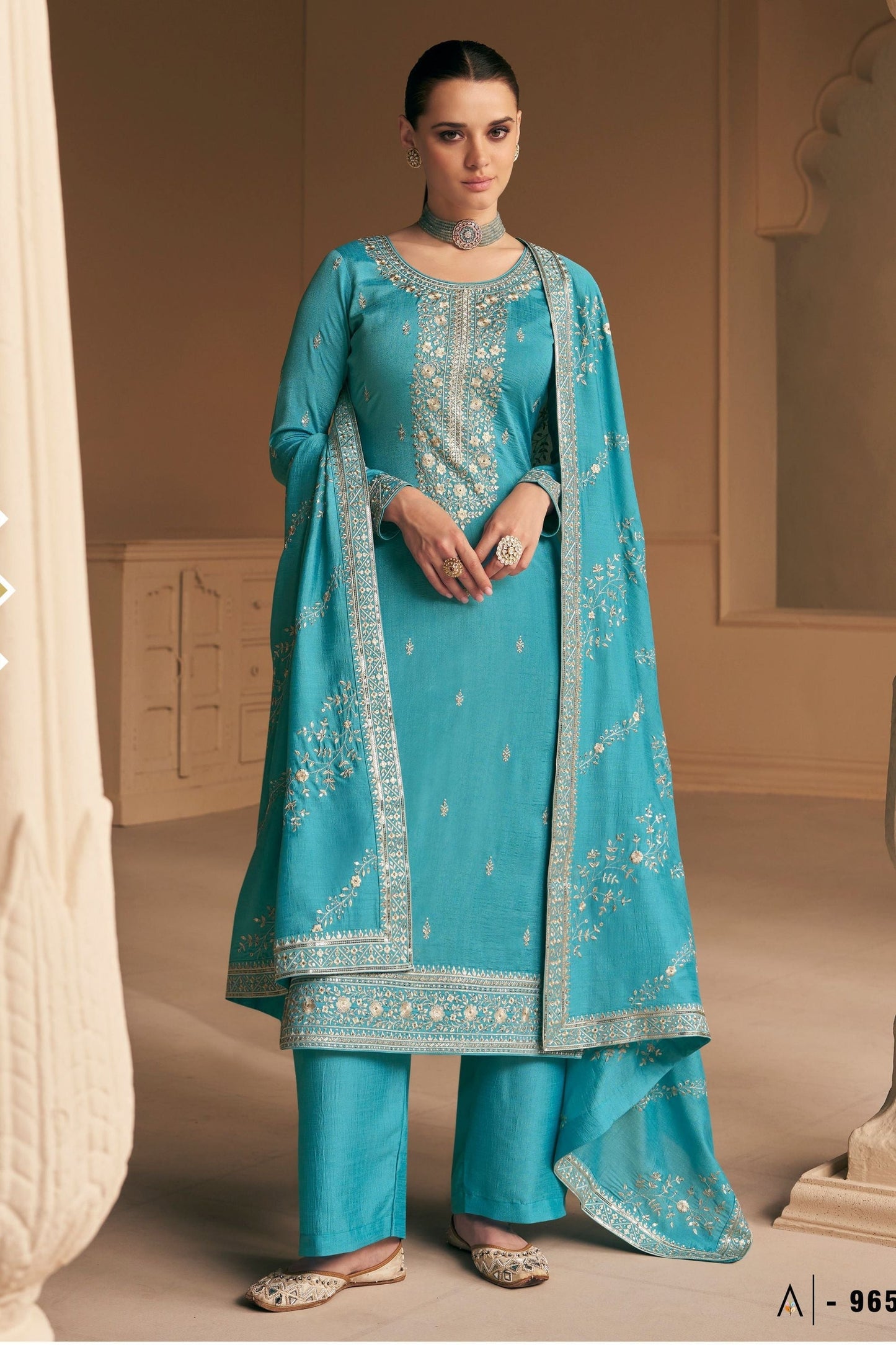 Cyan Chinon Silk salwar suit - Thread Embroidery Work