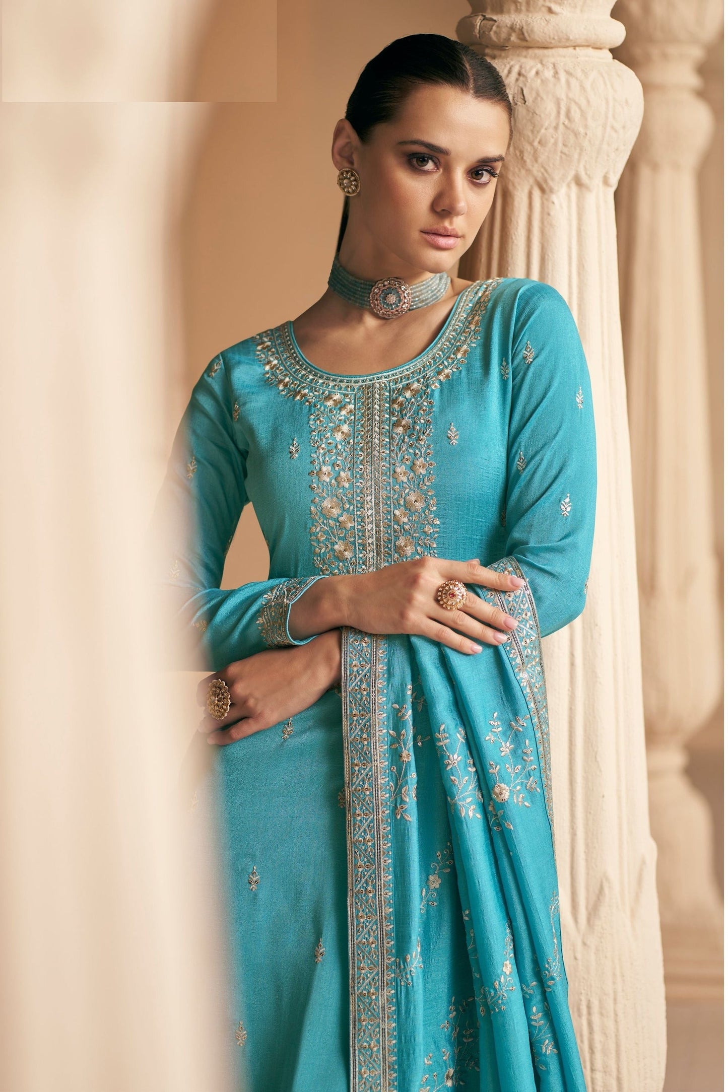 Cyan Chinon Silk salwar suit - Thread Embroidery Work