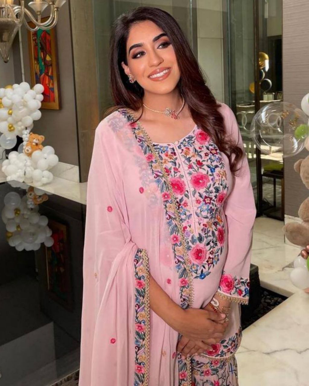 Light Pink Georgette Embroidery Work Sharara Suit With Dupatta