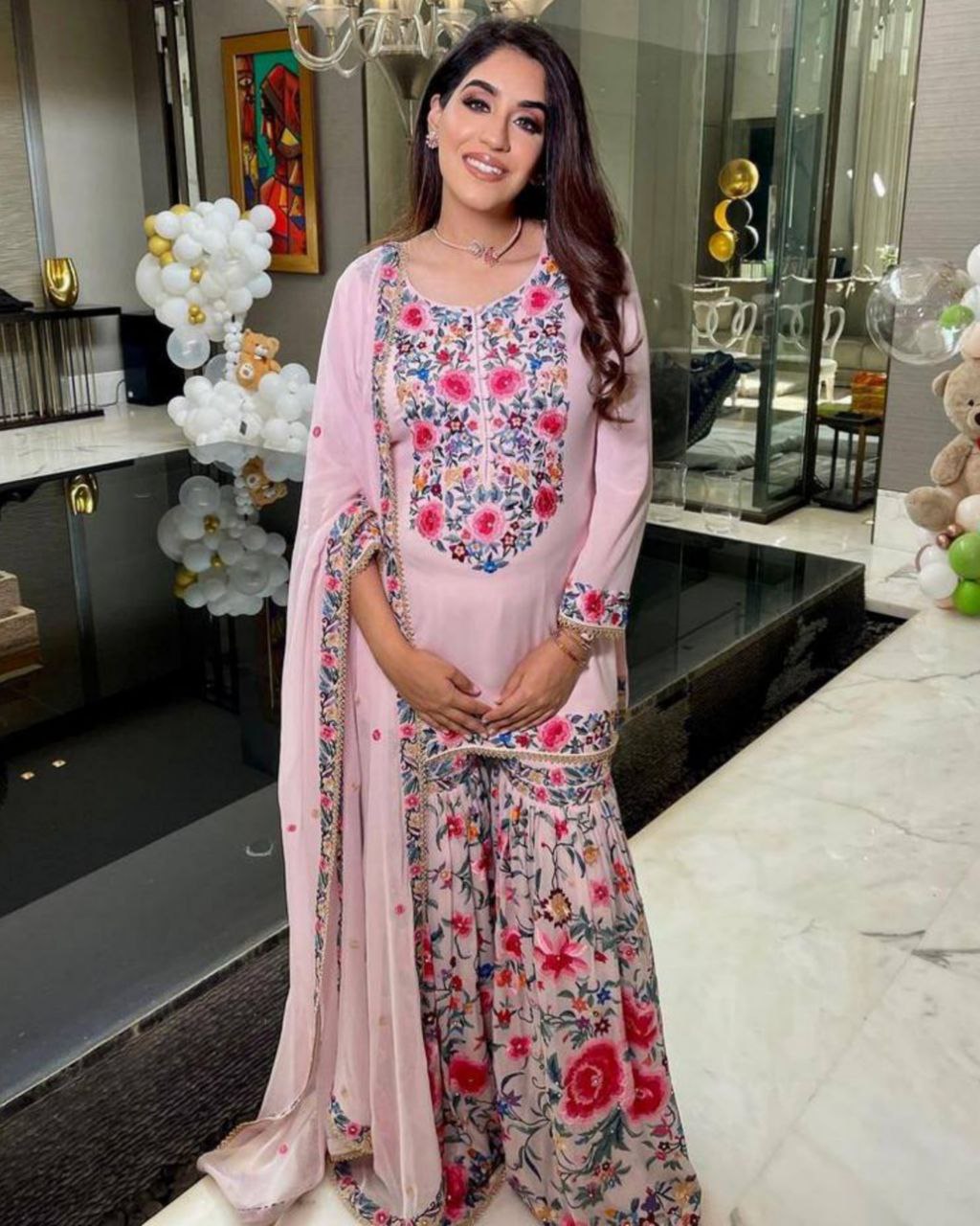 Light Pink Georgette Embroidery Work Sharara Suit With Dupatta