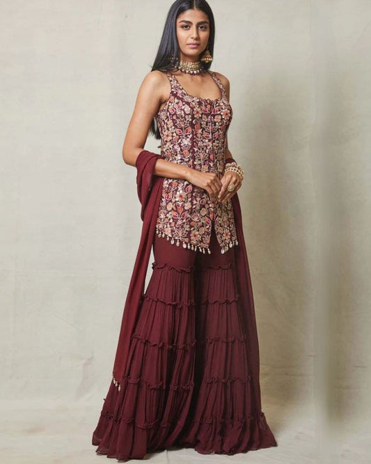 Awesome Heavy Pure Georgette Embroidery Work Sharara Suit With Dupatta