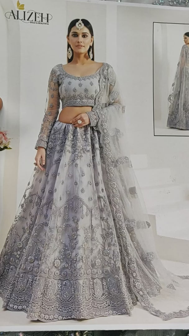 Grey Net Lehenga Choli For Festivals & Weddings - Thread Embroidery Work, Codding Embroidery Work, Butta Work, Stone Work